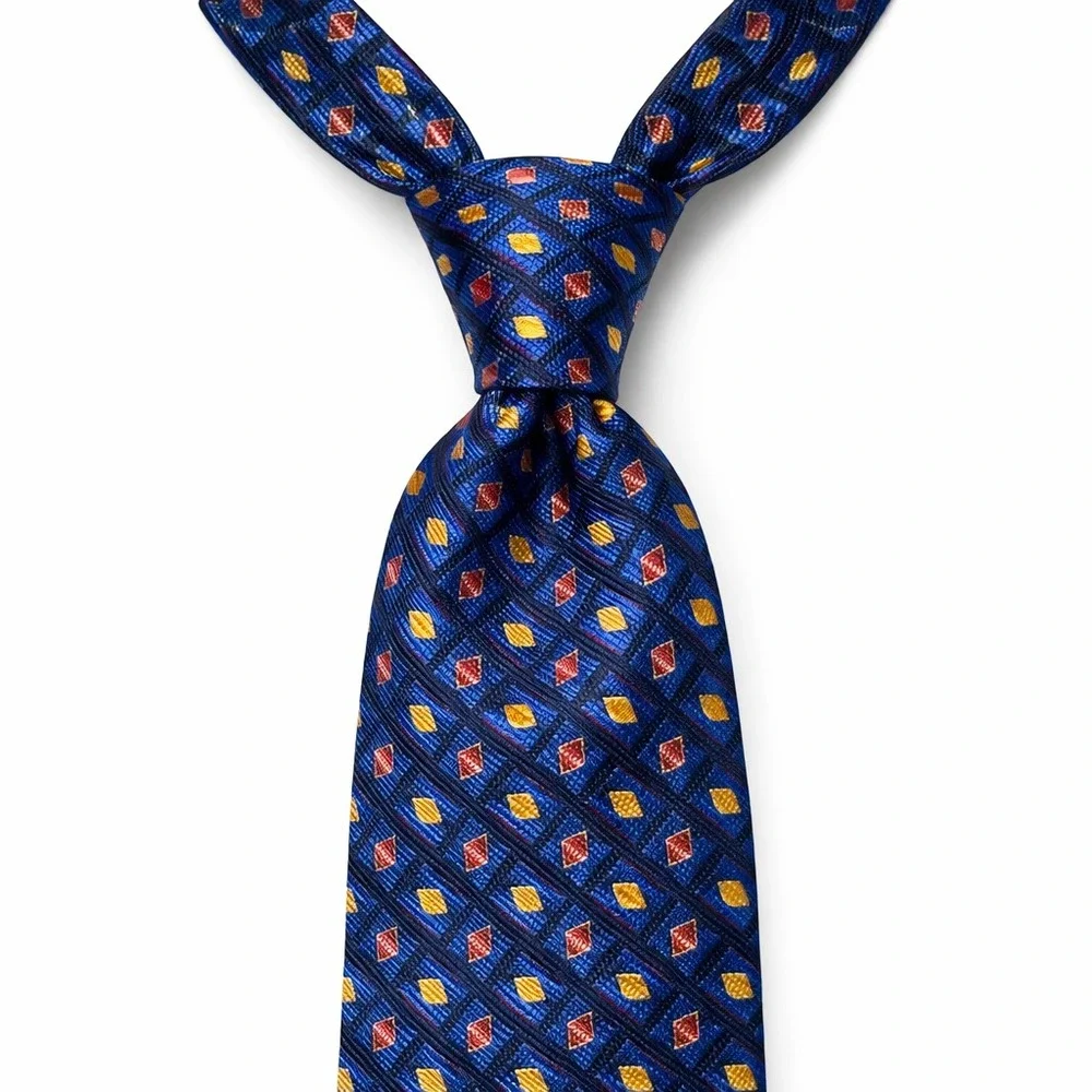 Vtg Massimo Ferre Silk Tie OS Blue Yellow Geometric Diamond‎ Pattern Made Italy